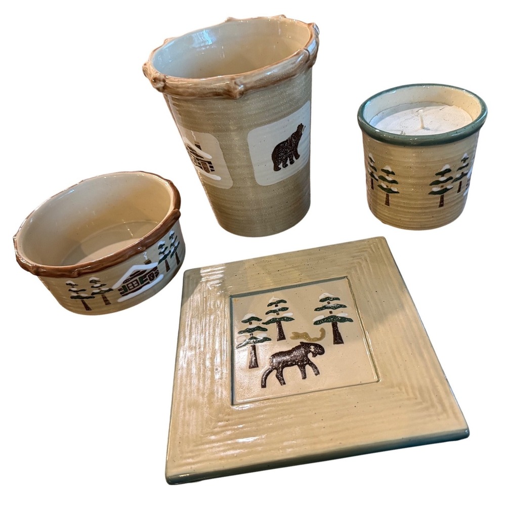 Vintage Sonoma Home Goods "Lodge" Stoneware 4-Piece Accent Set Cabin Bear Moose